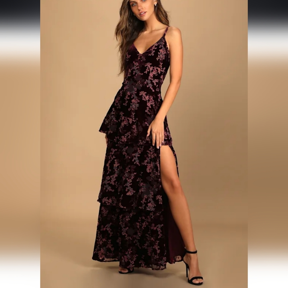 I Love You Amore Plum Purple Floral Velvet Tiered Maxi Dress